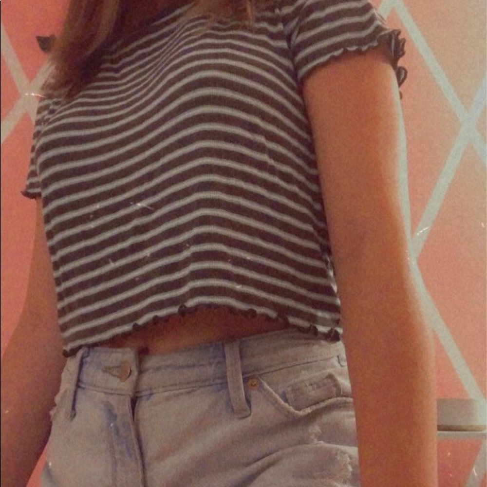 Striped blue and green lettuce cropped shirt.